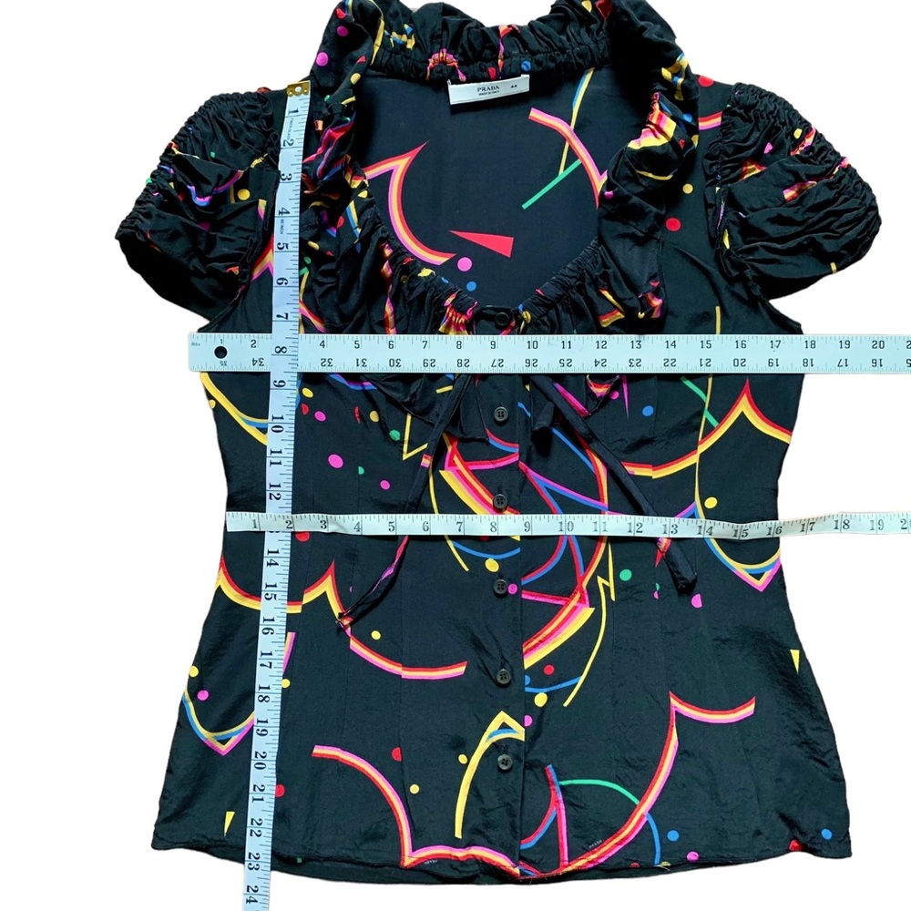 Prada Black Puff Sleeve Top with Neon Multicolor Abstract Print - Picture 7 of 7